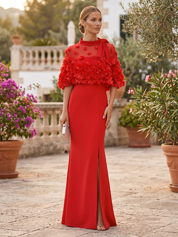 Satin Sheath High Neck 3D Flowers Side Slit Evening Dresses