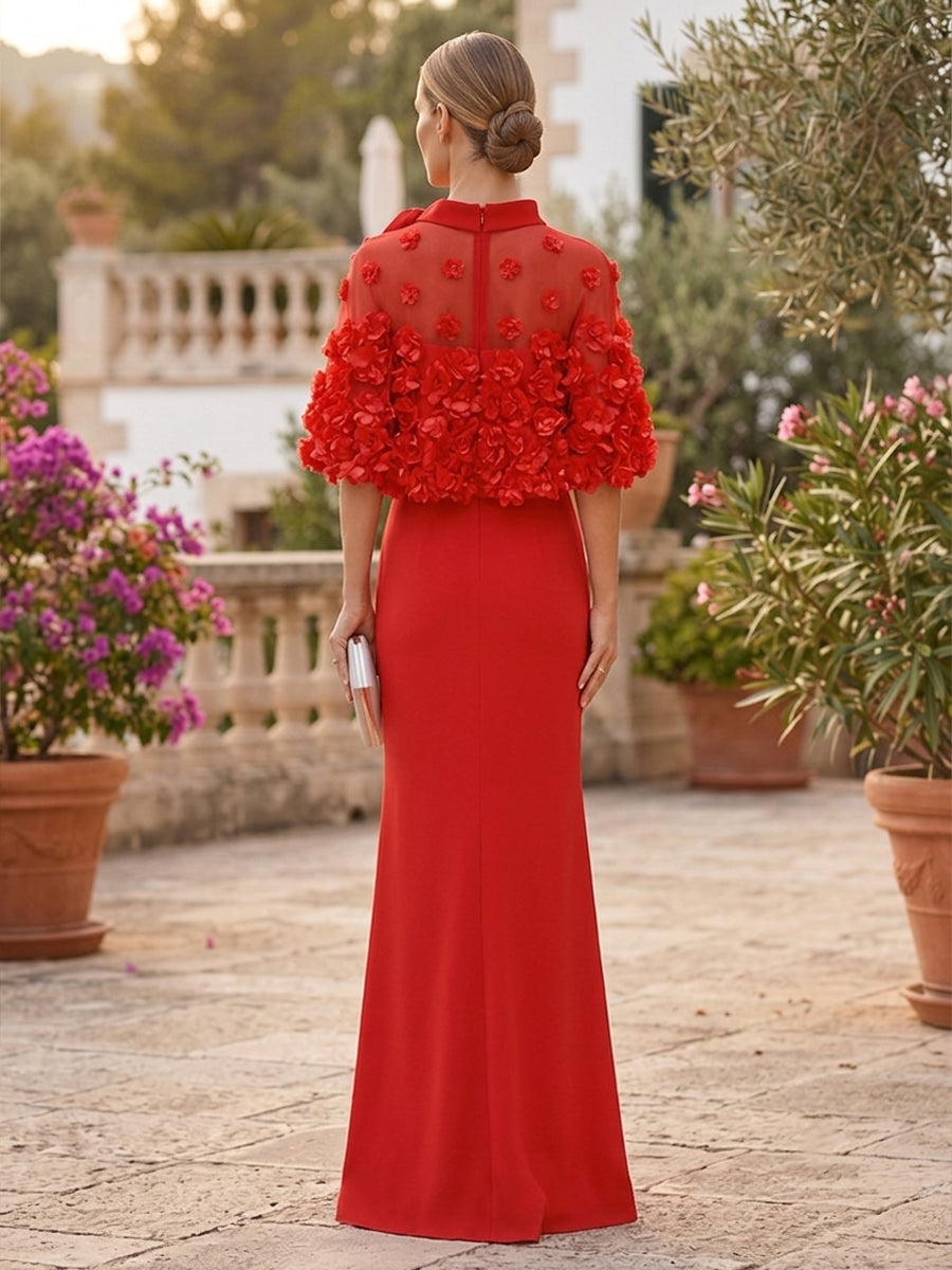 Satin Sheath High Neck 3D Flowers Side Slit Evening Dresses