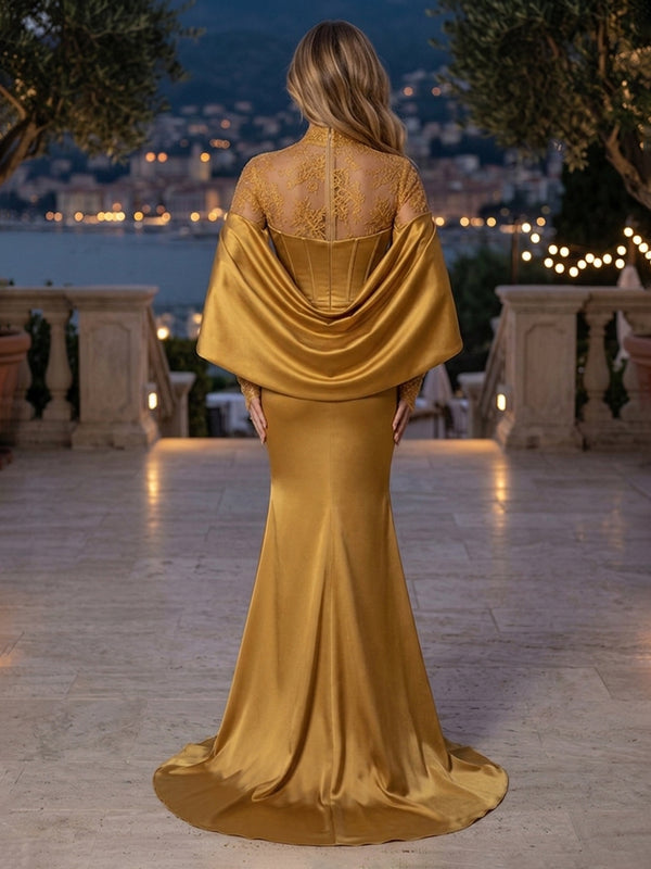 Satin Mermaid High Neck Lace Appliques Cape Evening Dresses