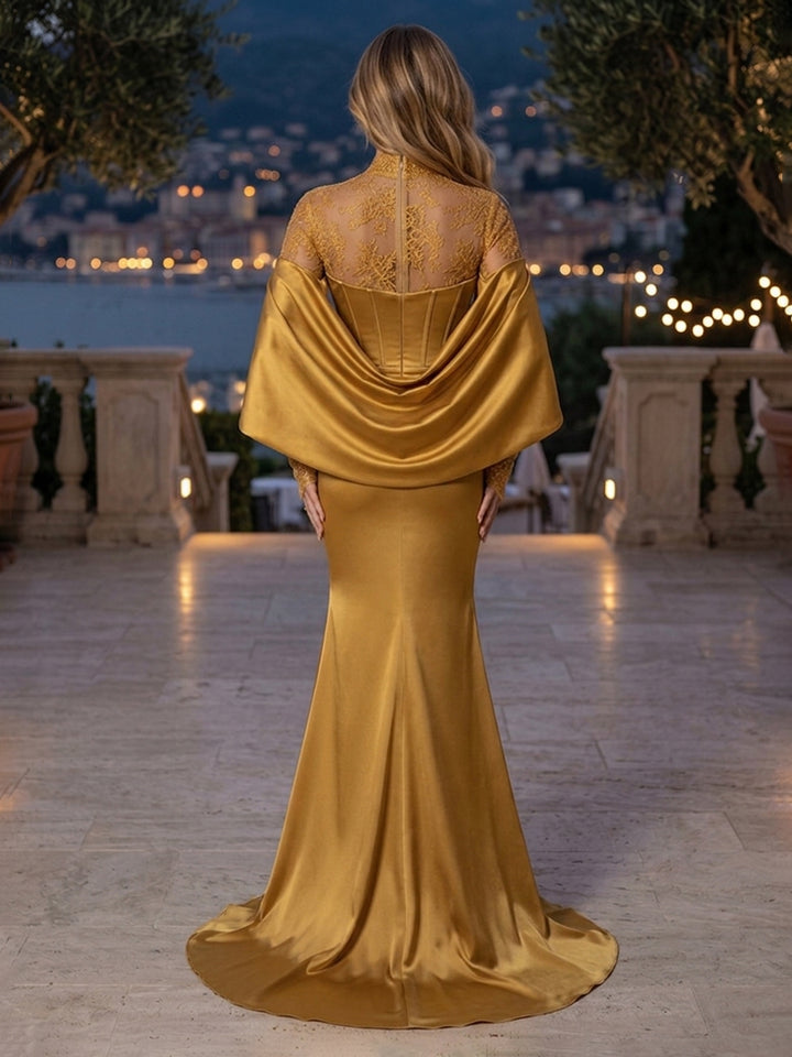 Satin Mermaid High Neck Lace Appliques Cape Evening Dresses