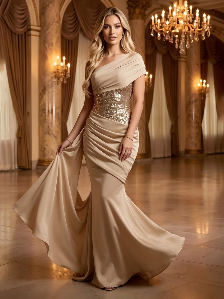 Satin Mermaid One Shoulder Sequin Ruched Evening Dresses