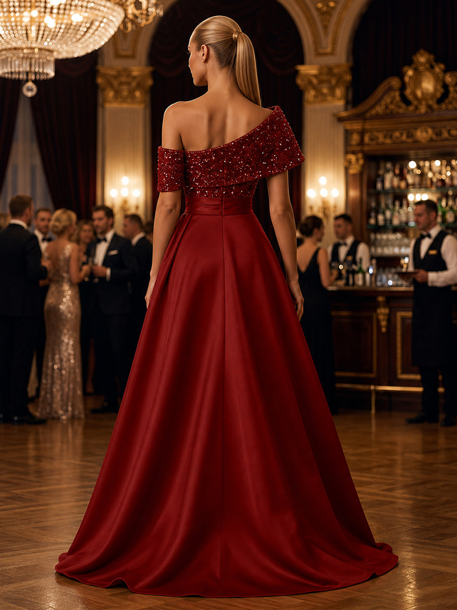 Satin A Line Off the Shoulder Sequin Sash Evening Dresses
