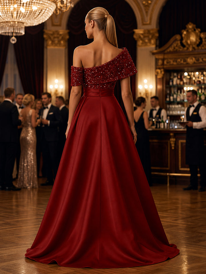 Satin A Line Off the Shoulder Sequin Sash Evening Dresses