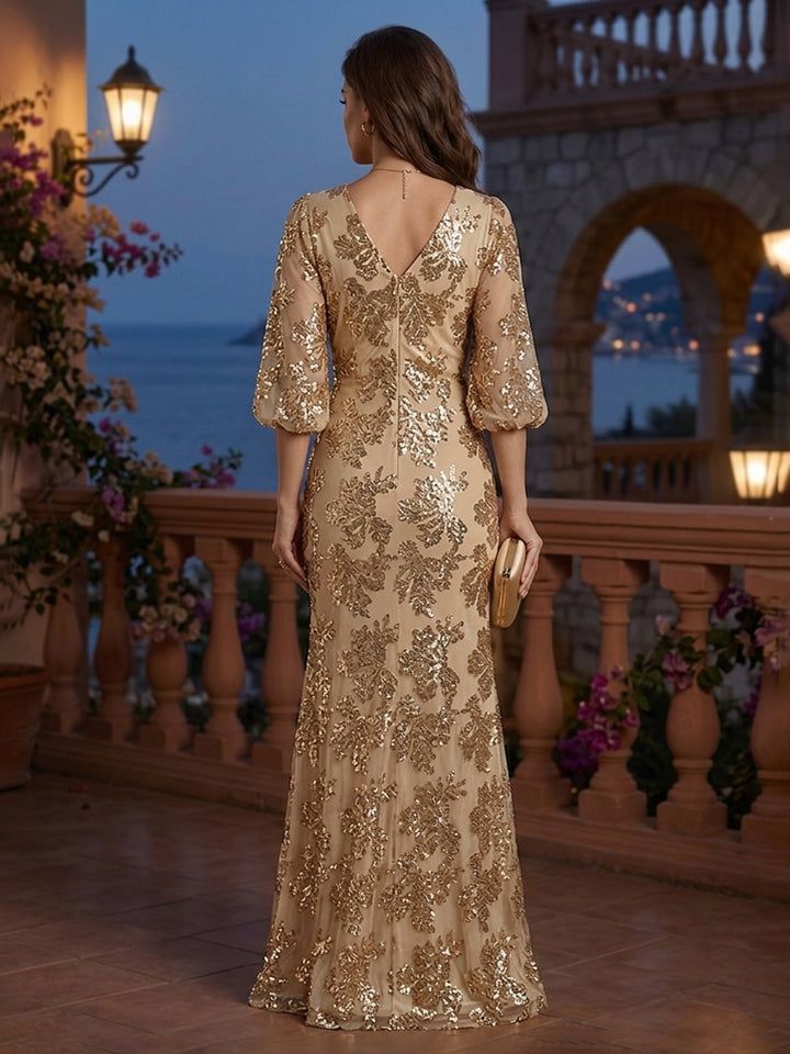 Sequin Floral Sheath V Neck Glitter Ruched Evening Dresses