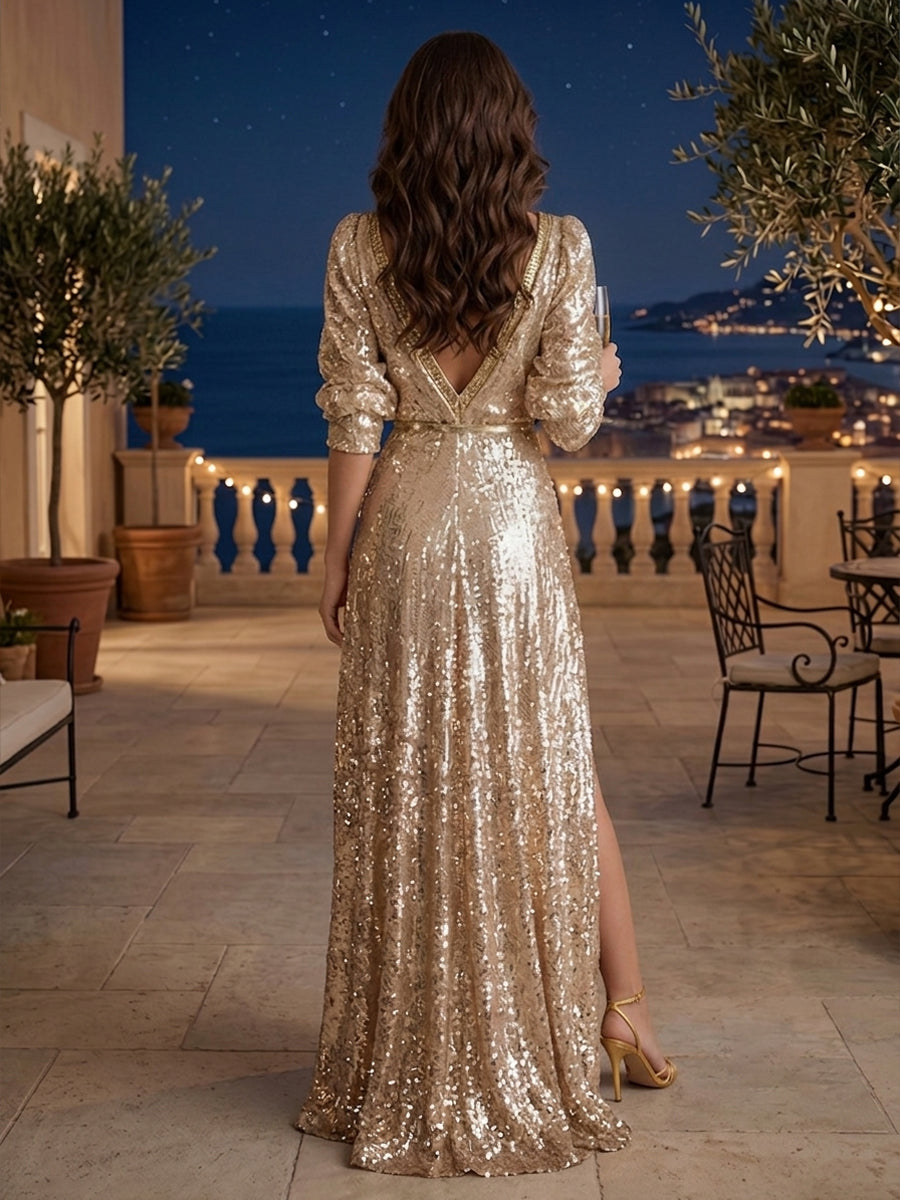 Sequin Mermaid V Neck Side Slit Ruched Evening Dresses