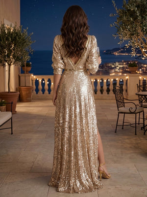 Sequin Mermaid V Neck Side Slit Ruched Evening Dresses
