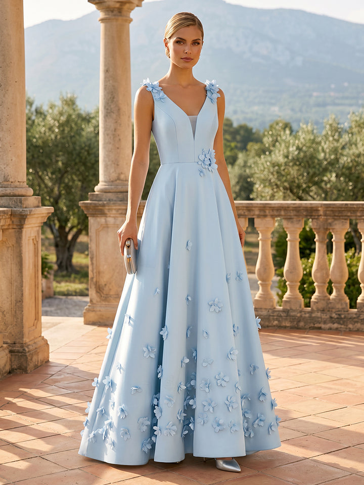 Satin A Line V Neck 3D Flowers Ruched Evening Dresses