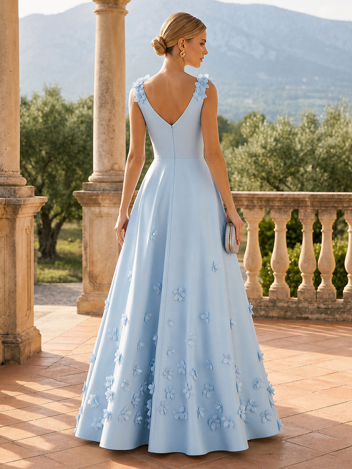 Satin A Line V Neck 3D Flowers Ruched Evening Dresses