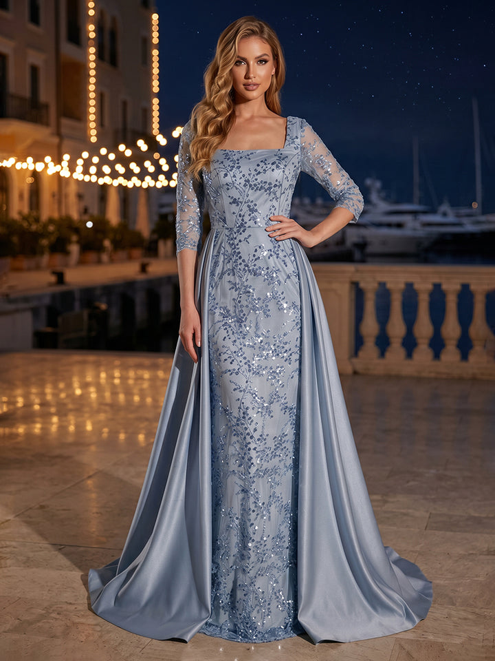 Sequin Floral A Line Square Neck Sash Ruched Evening Dresses