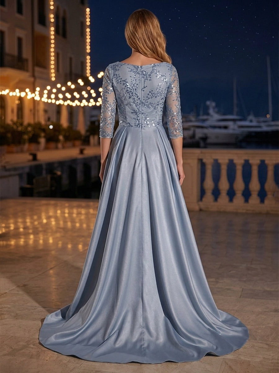 Sequin Floral A Line Square Neck Sash Ruched Evening Dresses