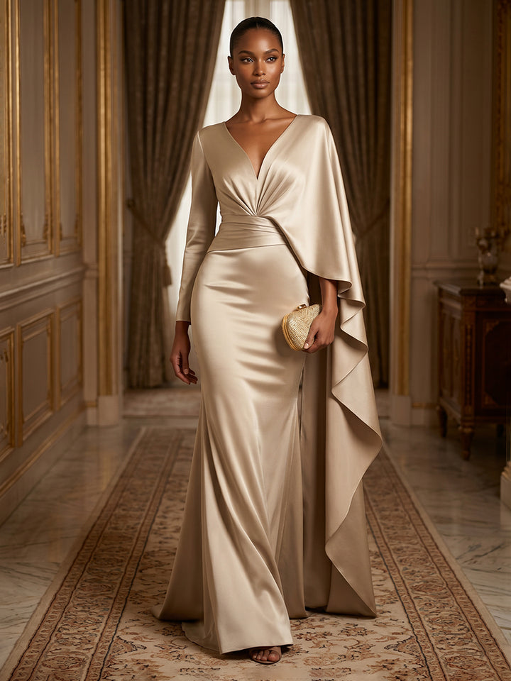 Satin Mermaid V Neck Ruffles Ruched Evening Dresses
