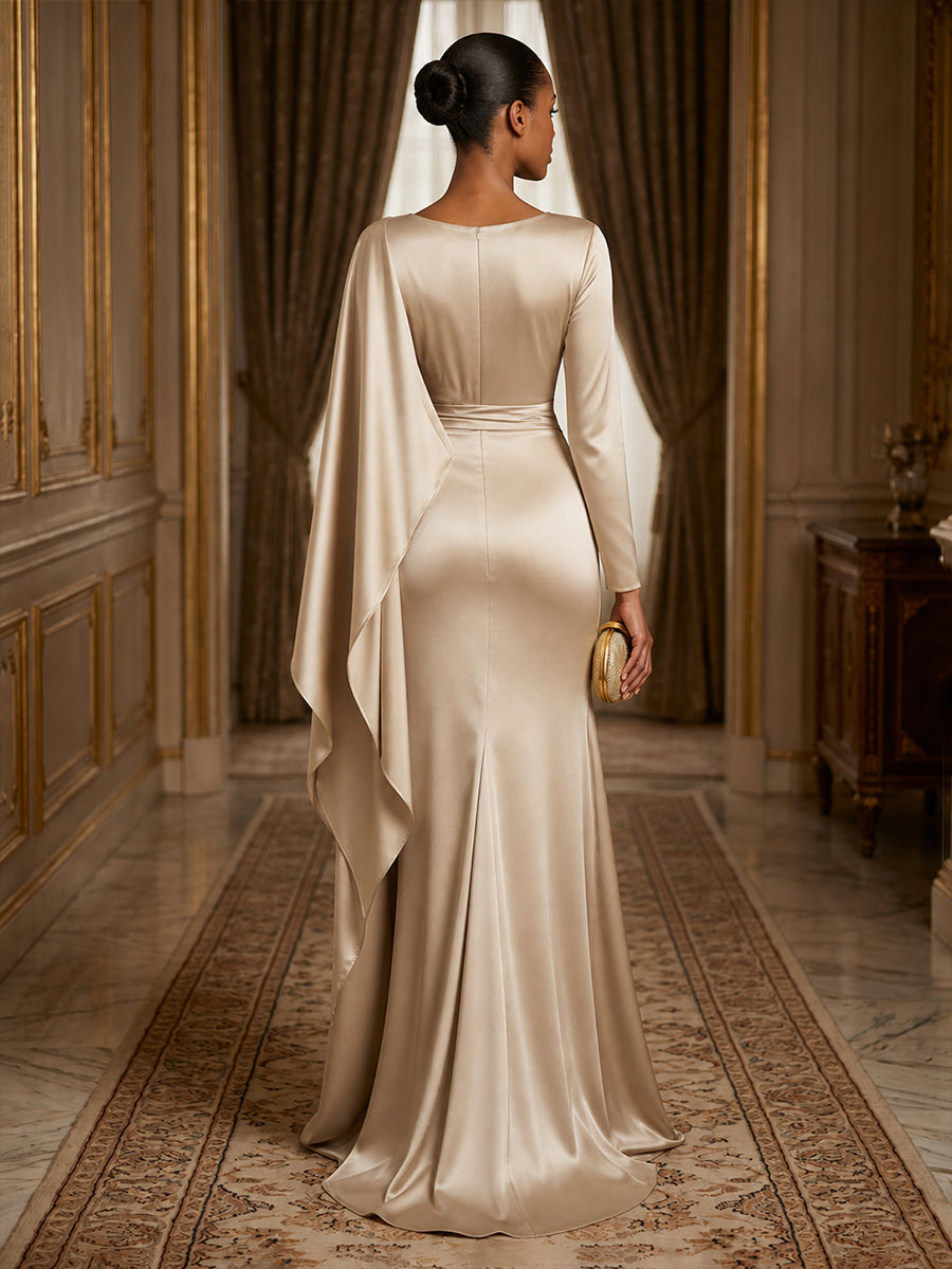 Satin Mermaid V Neck Ruffles Ruched Evening Dresses