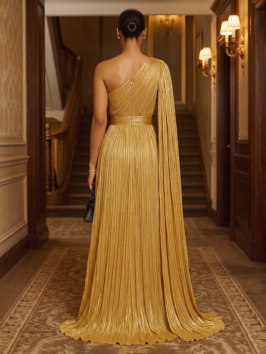 Metallic Satin Mermaid One Shoulder Sash Ruched Evening Dresses