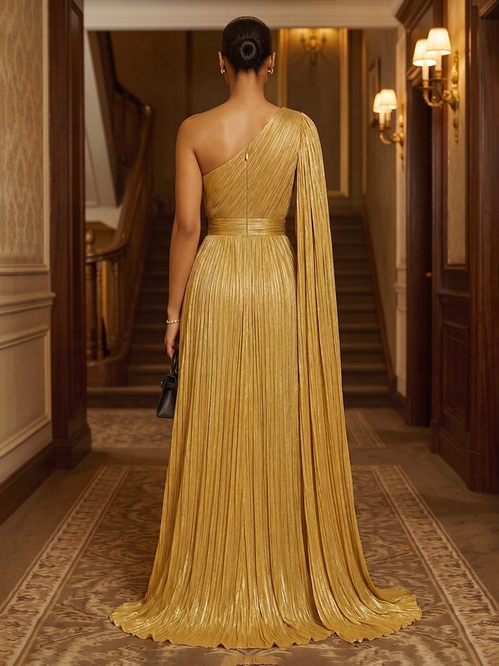 Metallic Satin Mermaid One Shoulder Sash Ruched Evening Dresses
