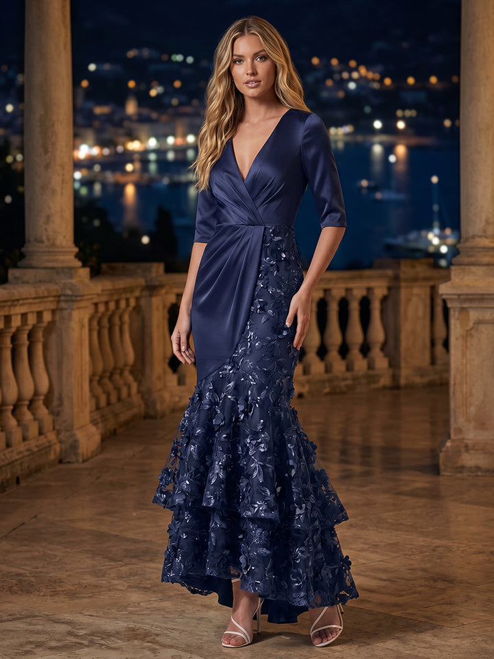 Sequin Floral Mermaid V Neck Ruffles Ruched Evening Dresses