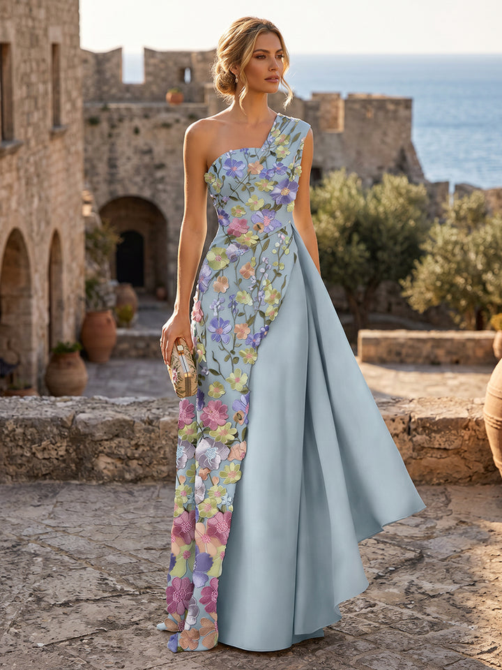 Embroidery A Line One Shoulder Sash Ruched Evening Dresses
