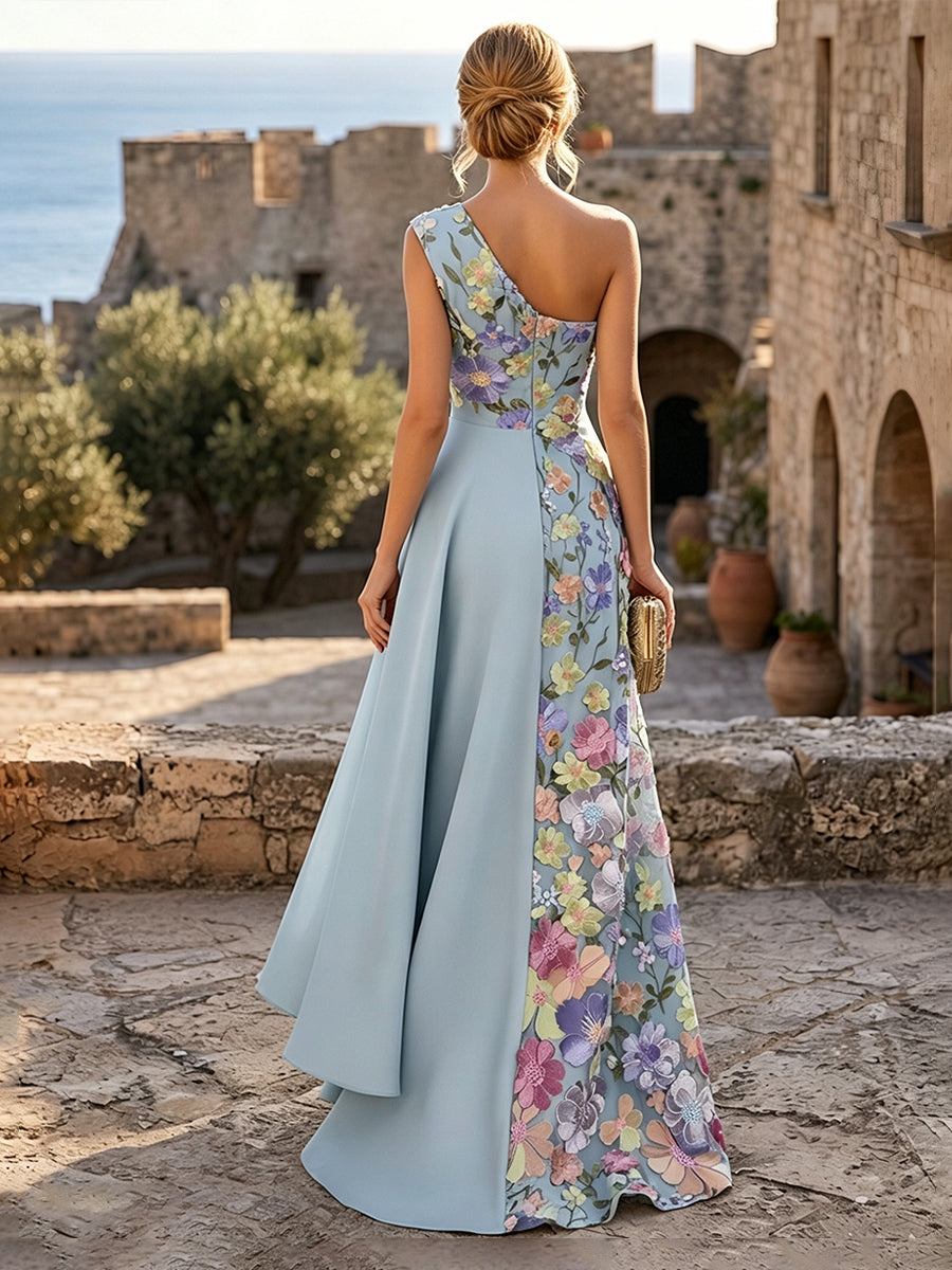 Embroidery A Line One Shoulder Sash Ruched Evening Dresses