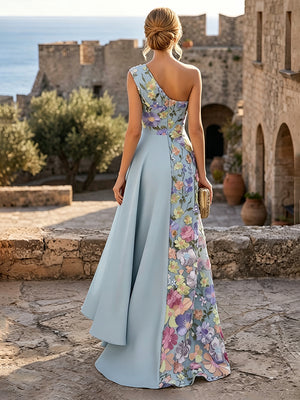 Embroidery A Line One Shoulder Sash Ruched Evening Dresses