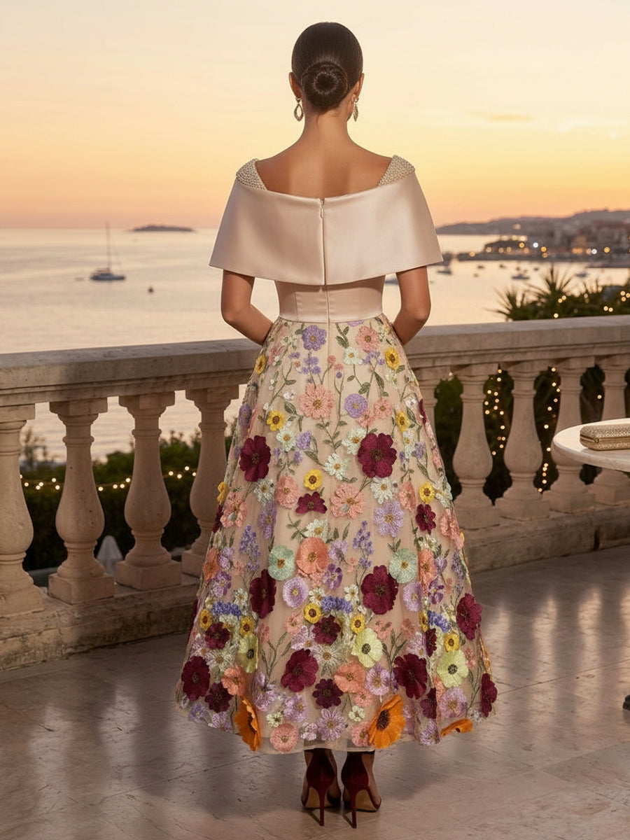 Embroidery A Line Square Neck Floral Embroidery Ruched Evening Dresses