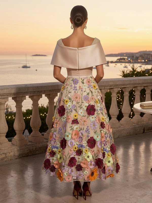 Embroidery A Line Square Neck Floral Embroidery Ruched Evening Dresses