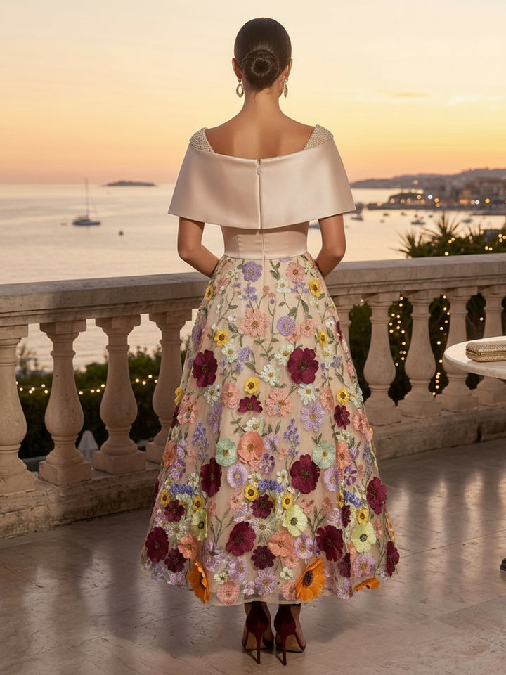 Embroidery A Line Square Neck Floral Embroidery Ruched Evening Dresses