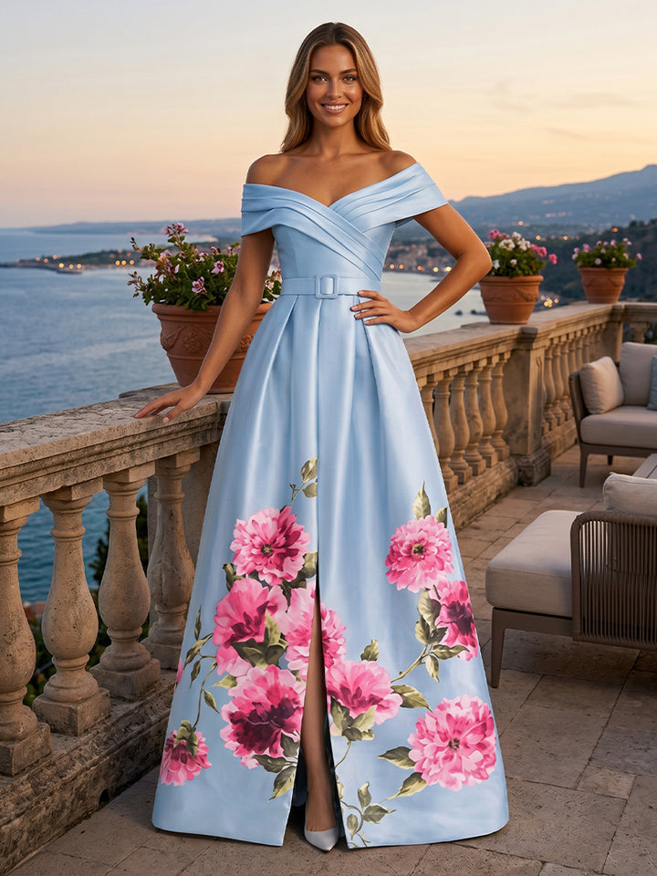 Floral Print A Line Off the Shoulder Front Slit Pleats Evening Dresses