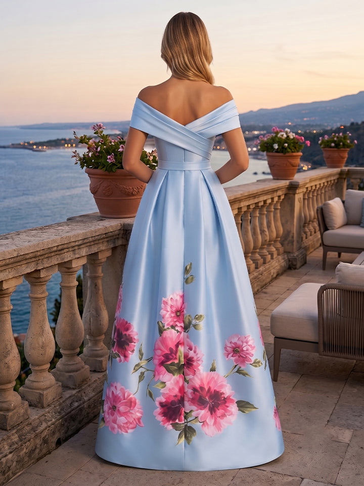 Floral Print A Line Off the Shoulder Front Slit Pleats Evening Dresses