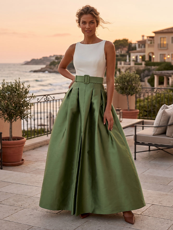 Satin A Line Scoop Neck Belt Ruched Evening Dresses