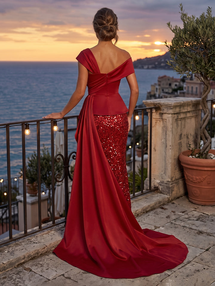 Satin Mermaid Off the Shoulder Sequin Side Slit Evening Dresses