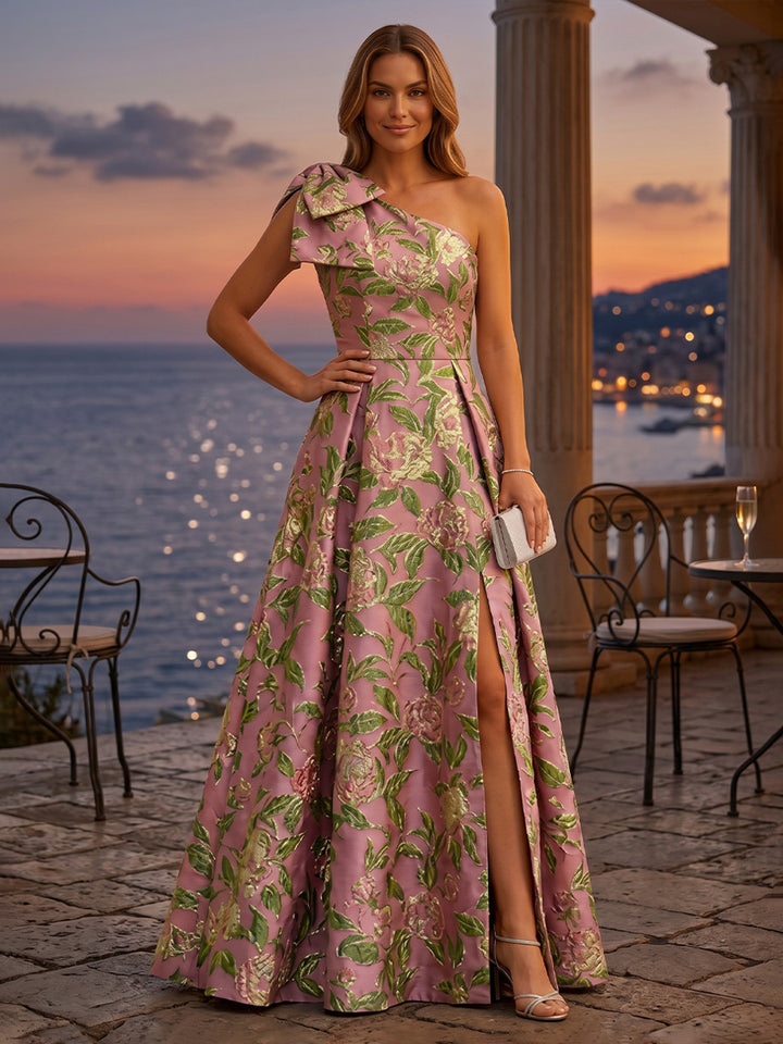 Jacquard A Line One Shoulder Bow Pleats Evening Dresses