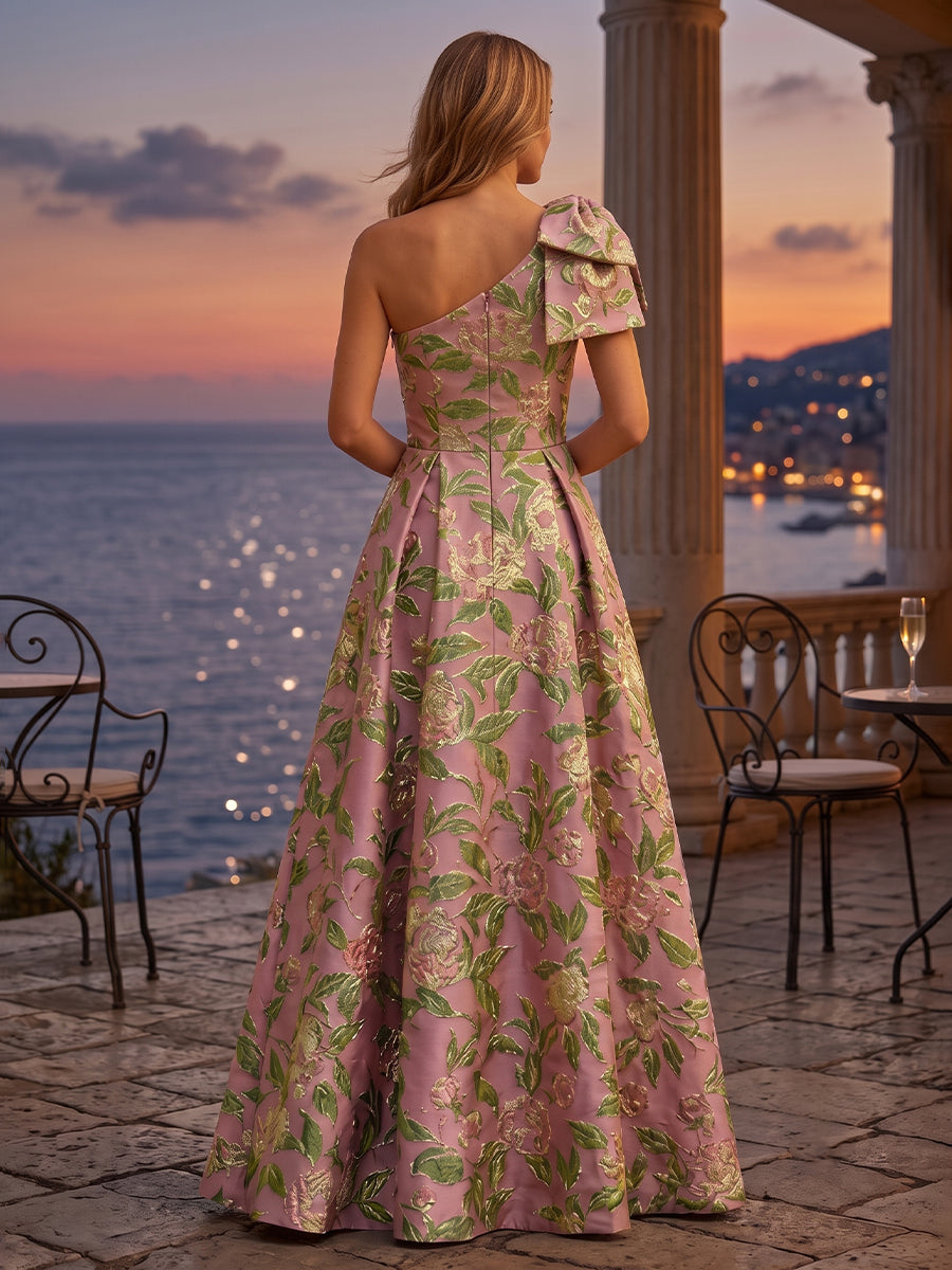 Jacquard A Line One Shoulder Bow Pleats Evening Dresses