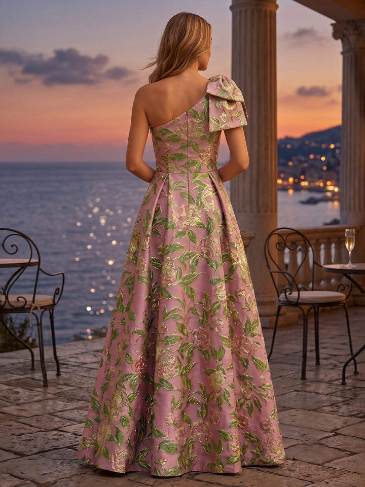 Jacquard A Line One Shoulder Bow Pleats Evening Dresses