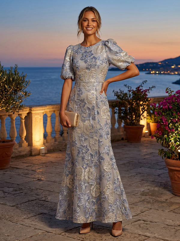 Jacquard Mermaid Scoop Neck Pleats Ruched Evening Dresses
