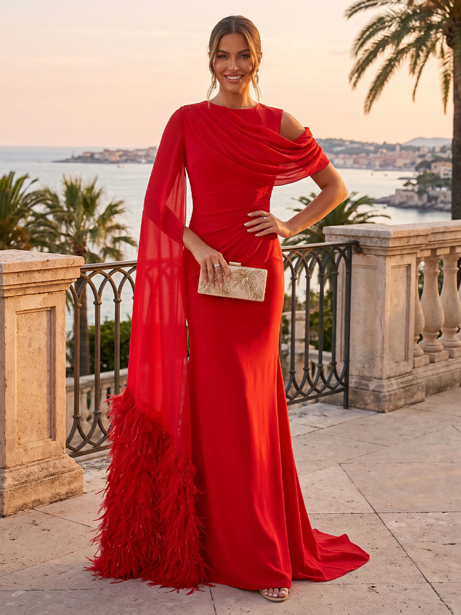 Chiffon Mermaid Scoop Neck Feather Ruched Evening Dresses