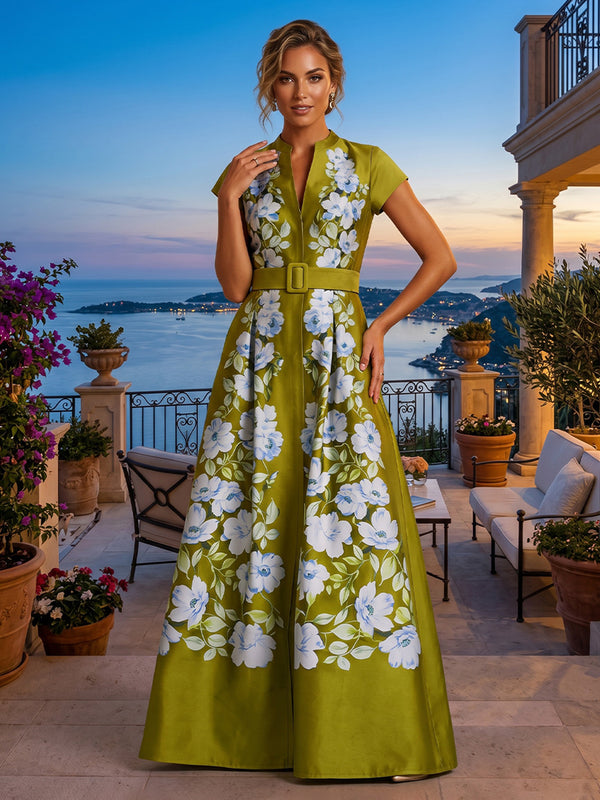 Floral Print A Line V Neck Belt Ruched Evening Dresses