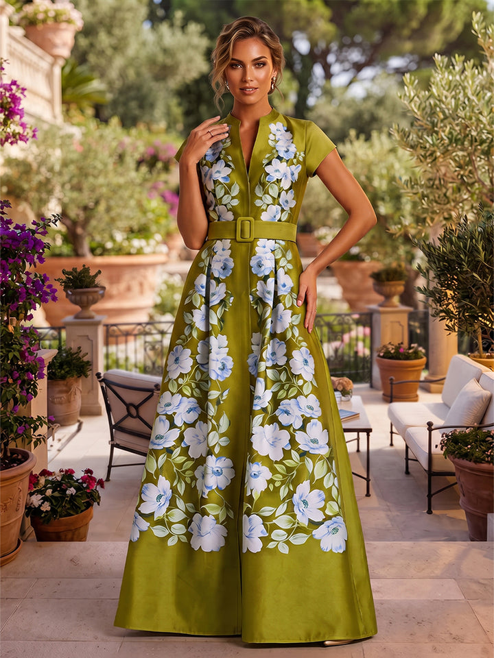 Floral Print A Line V Neck Belt Ruched Mother of the Bride Dresses
