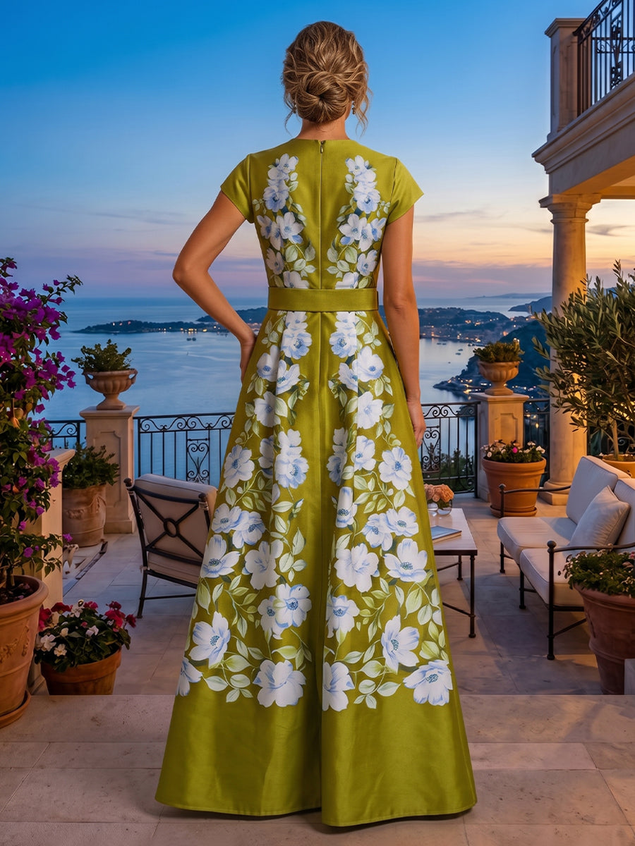 Floral Print A Line V Neck Belt Ruched Mother of the Bride Dresses