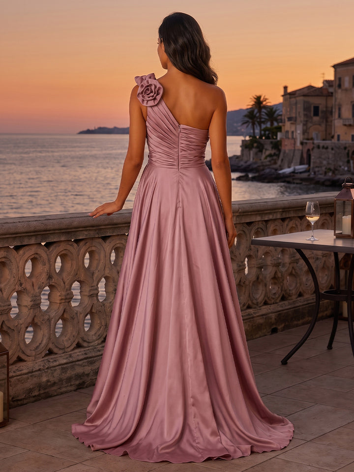 Satin A Line One Shoulder 3D Flowers Pleats Evening Dresses