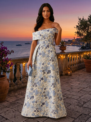 Floral Print A Line Off the Shoulder Sash Ruched Evening Dresses