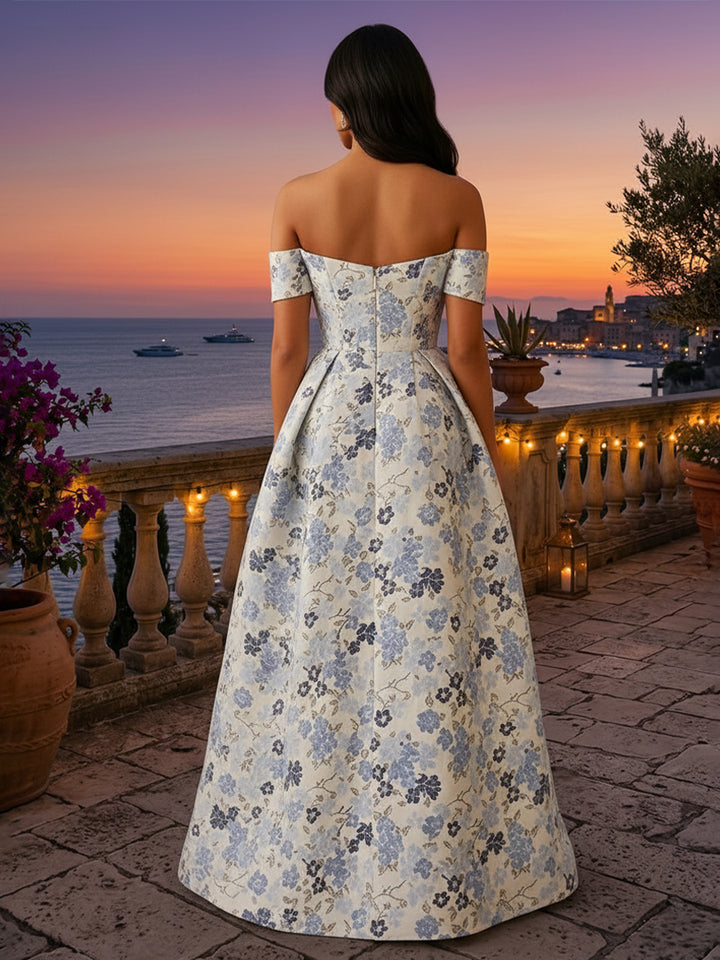 Floral Print A Line Off the Shoulder Sash Ruched Evening Dresses