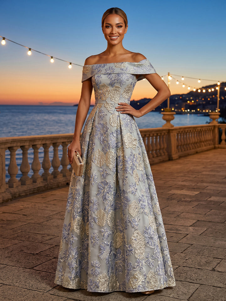 Jacquard A Line Off the Shoulder Pleats Ruched Evening Dresses