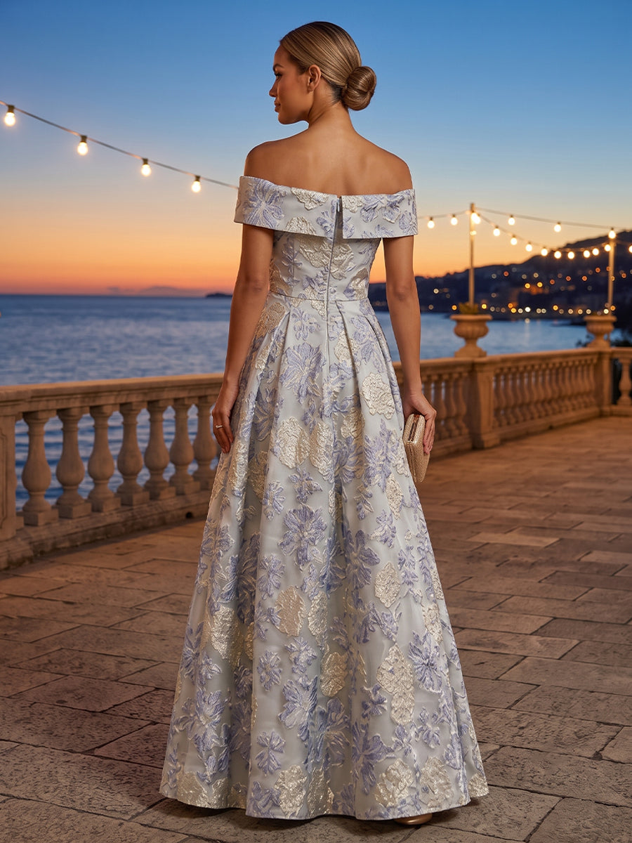 Jacquard A Line Off the Shoulder Pleats Ruched Evening Dresses