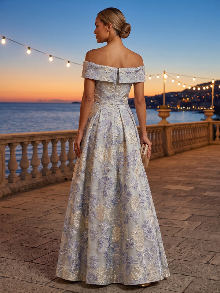 Jacquard A Line Off the Shoulder Pleats Ruched Evening Dresses