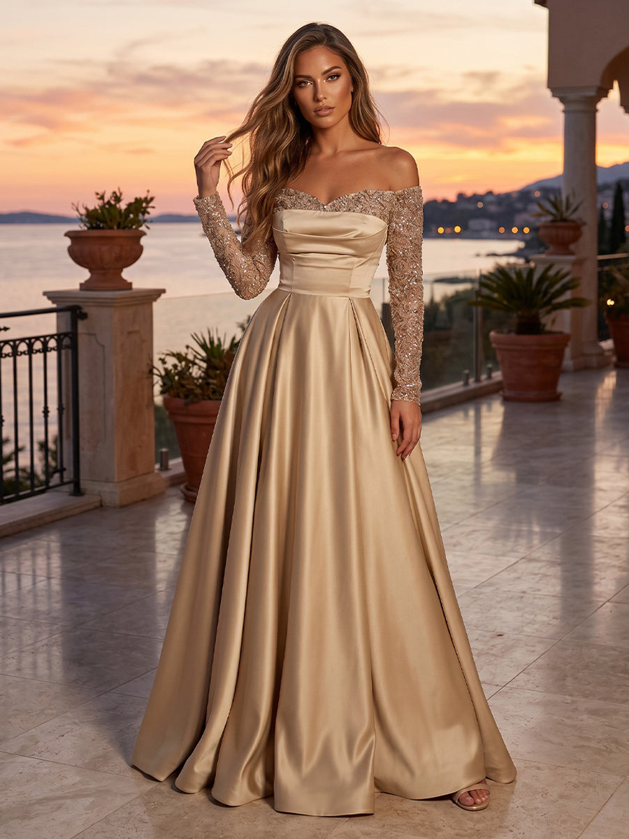 Satin A Line Off the Shoulder Sequin Pleats Evening Dresses