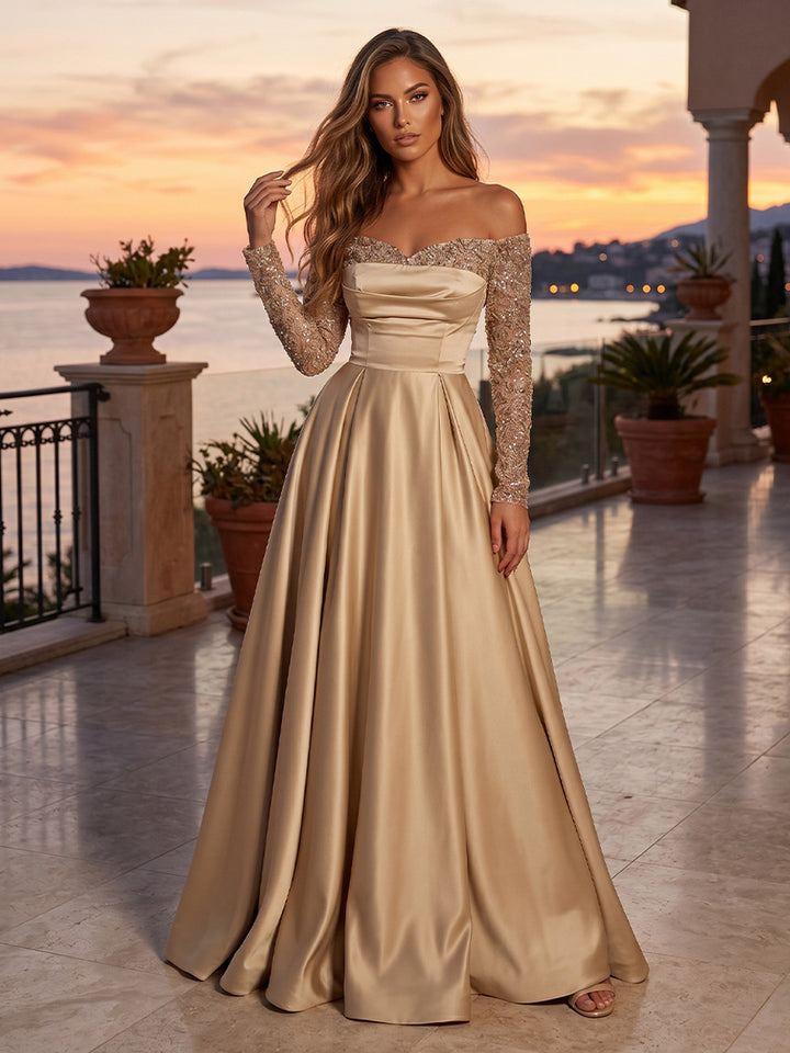 Satin A Line Off the Shoulder Sequin Pleats Evening Dresses