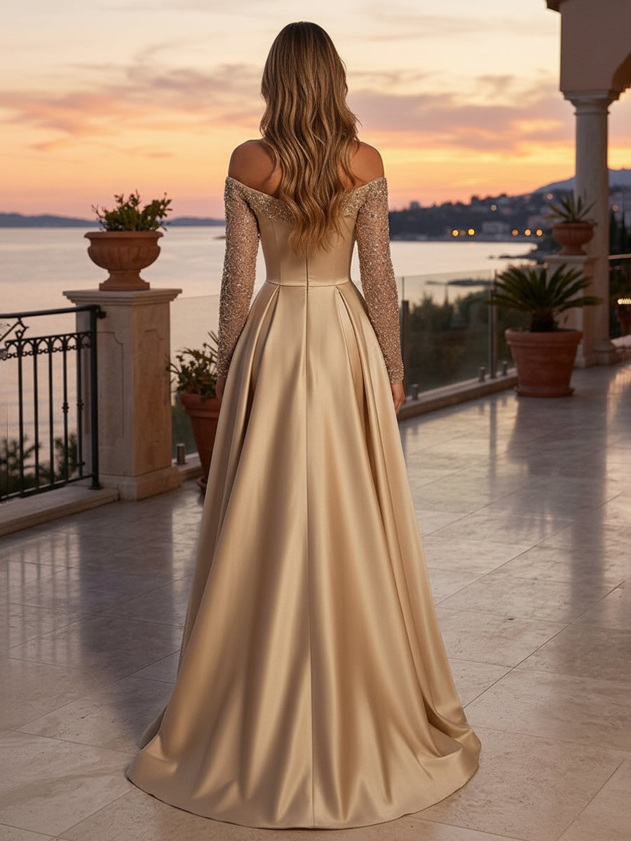 Satin A Line Off the Shoulder Sequin Pleats Evening Dresses