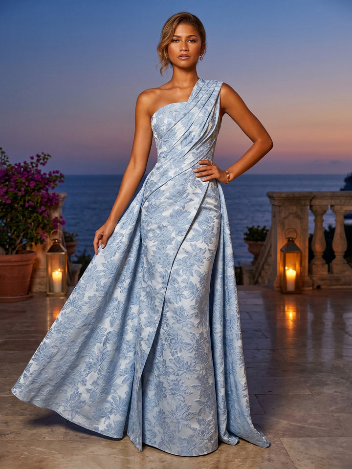 Jacquard A Line One Shoulder Pleats Ruched Evening Dresses