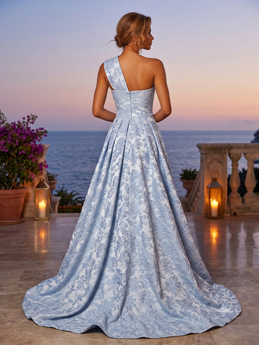 Jacquard A Line One Shoulder Pleats Ruched Evening Dresses