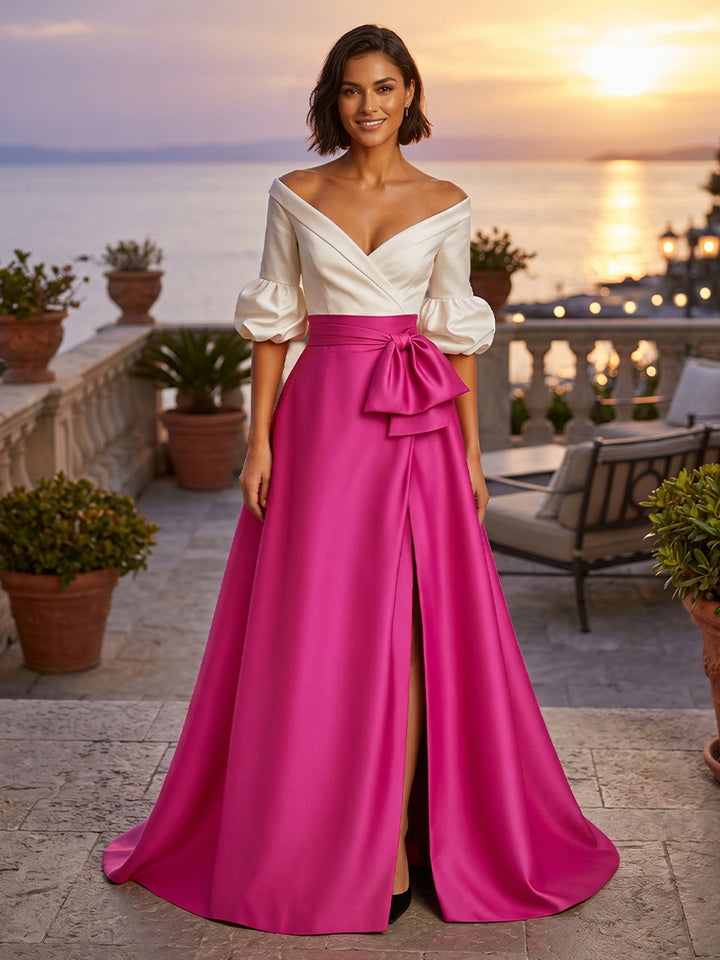 Satin A Line V Neck Bow Ruched Evening Dresses