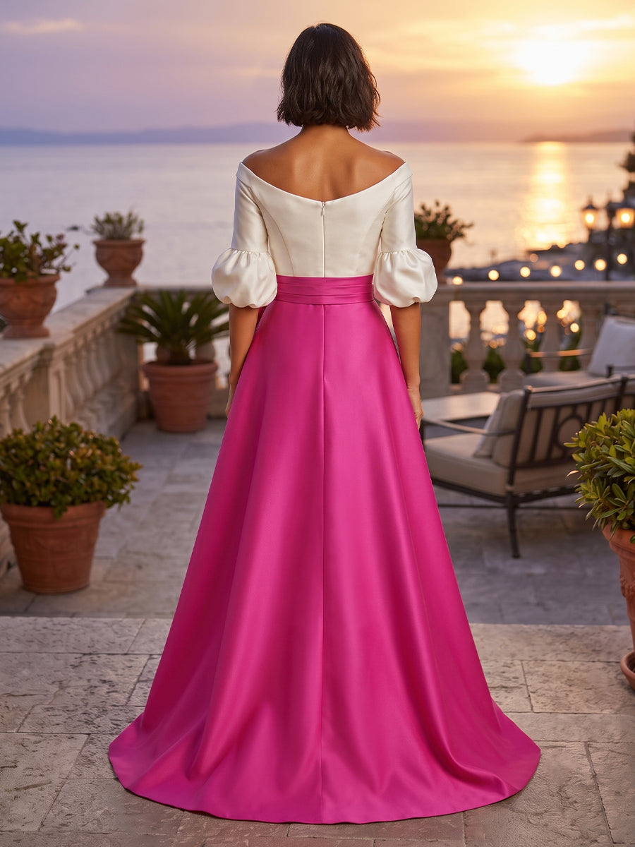 Satin A Line V Neck Bow Ruched Evening Dresses